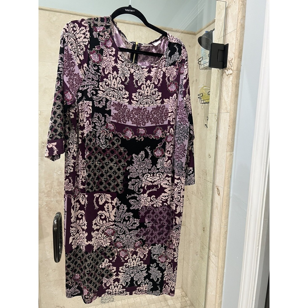 Chicos Travelers Paisley Knit Dress Purple Black 3/4 Sleeve Bow Size 3 XL 16